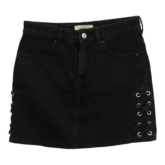 PacSun Black Denim Mini Skirt Size 25 Side Lace Up Jean Skirt - Picture 3 of 8